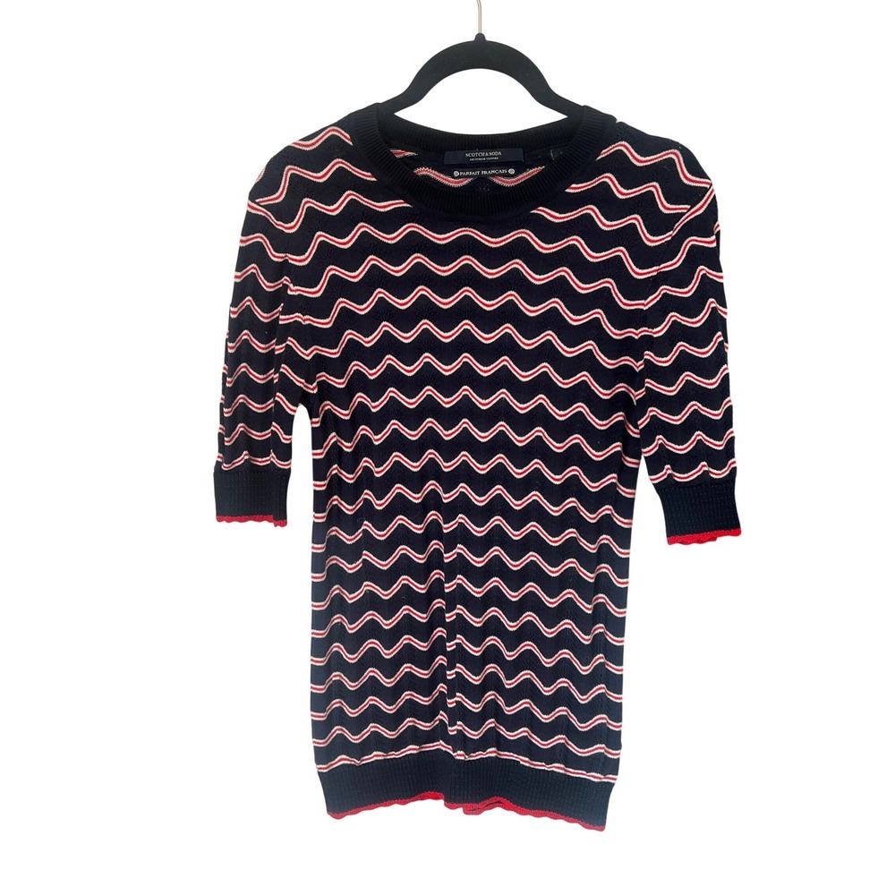 Scotch‎ & Soda Navy Red White Zig Zag Knit Cotton Sweater Top Retro Size Medium